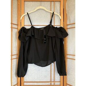 NWT BEBE L/S Off Shoulder Top, XSmall Blouse w/ Detach Straps Black MSRP $69